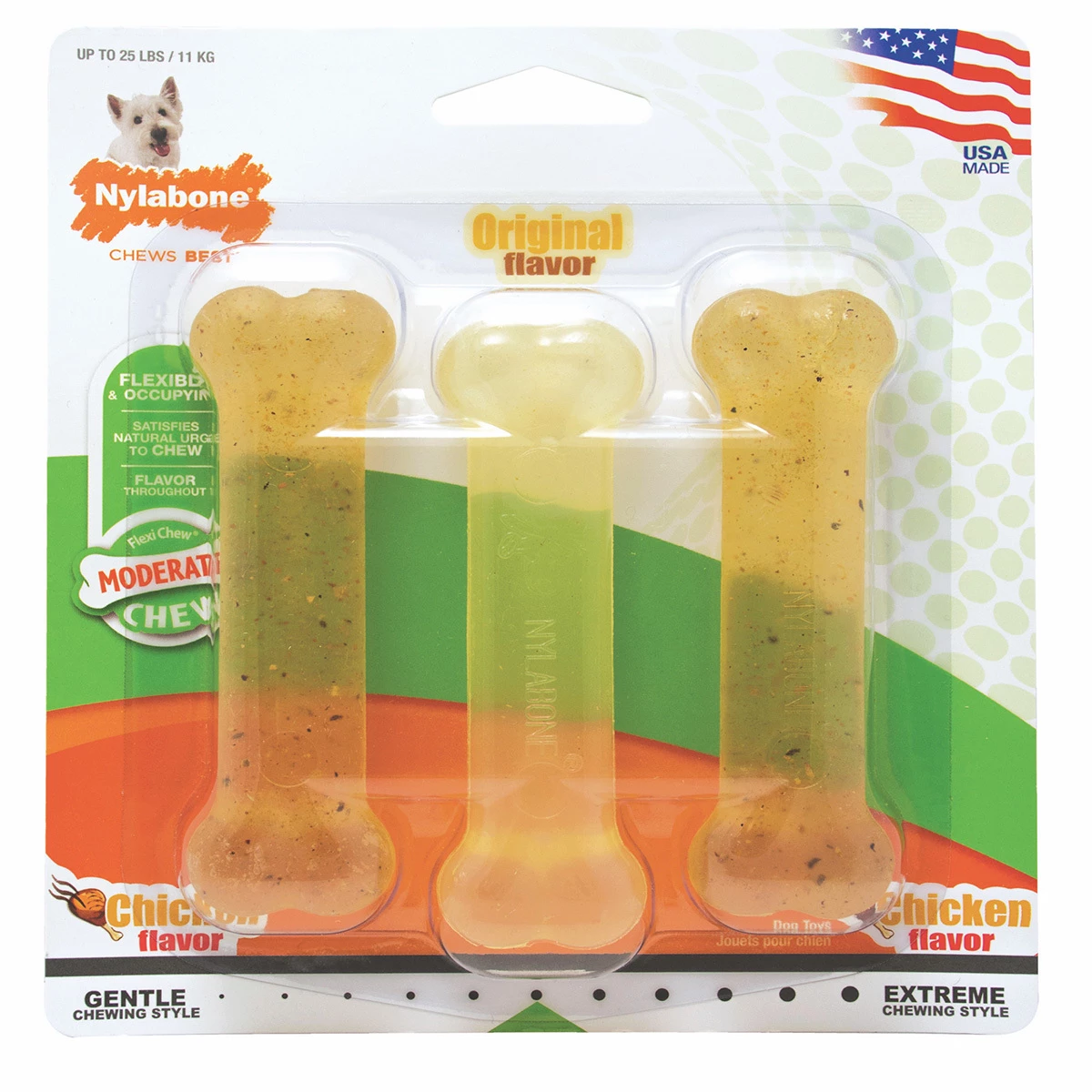 Nylabone Moderate Chew Paquete 3 Juguetes Masticables Diseño Hueso Flexible Sabor Pollo Para Perro, Chico 1 Nylabone Moderate Chew Paquete 3 Juguetes Masticables Diseño Hueso Flexible Sabor Pollo Para Perro, Chico